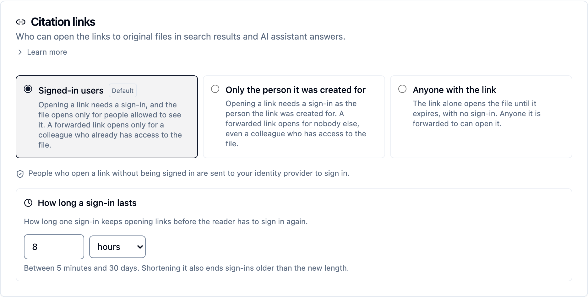 The Citation links card under Settings › People & access, offering three choices: Signed-in users (selected, marked Default), Only the person it was created for, and Anyone with the link, with a How long a sign-in lasts setting of 8 hours below.