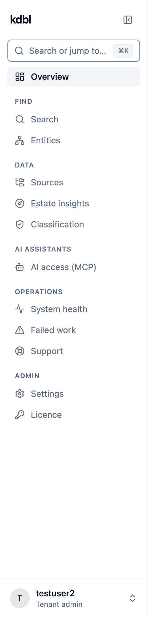The console sidebar: the Search or jump to… button under the brand, the pages grouped under Find, Data, AI assistants, Operations and Admin, and your account at its foot.
