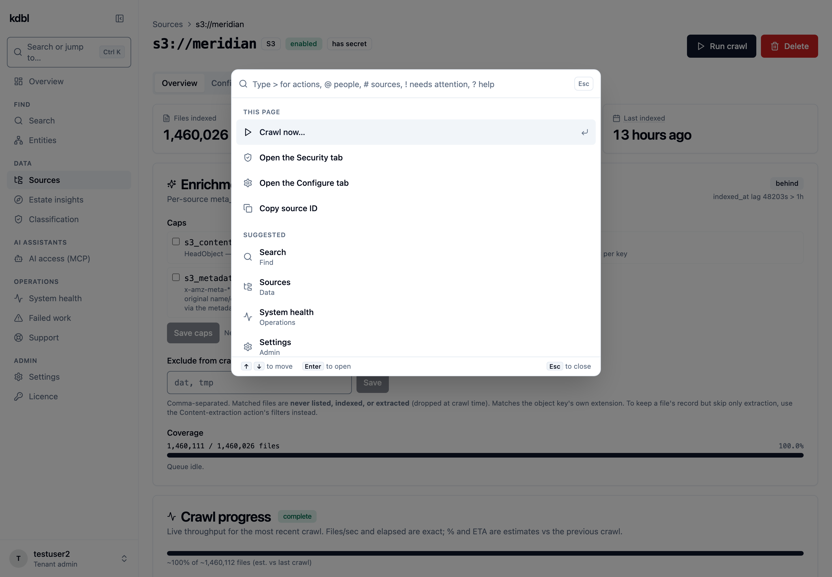 The command palette open on a source's page, with Crawl now…, Open the Security tab, Open the Configure tab and Copy source ID under This page, above the suggested pages.