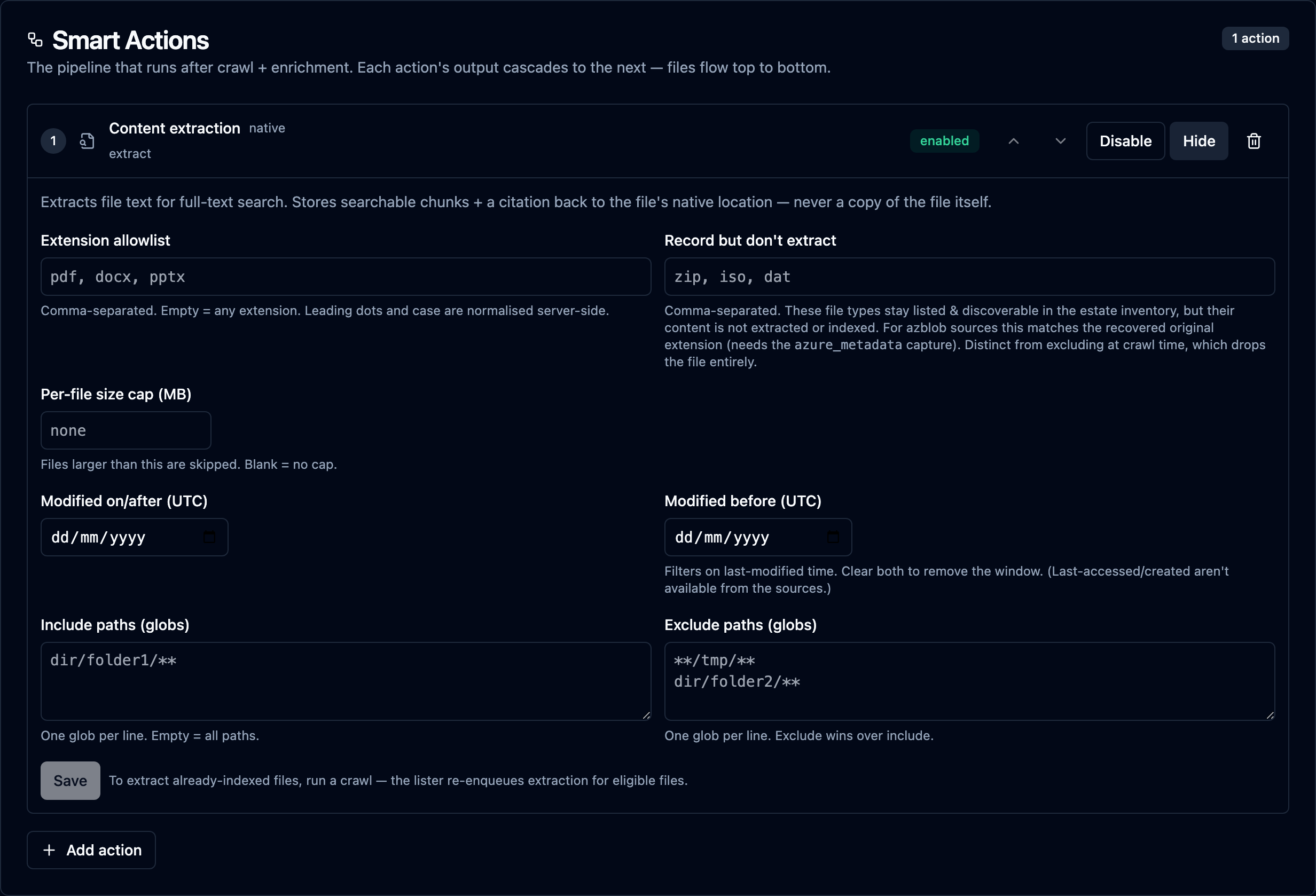 The content-extraction configuration for a source — extension allow-list, a "record but don't extract" list, per-file size cap, a modified-date window, and include/exclude path globs.