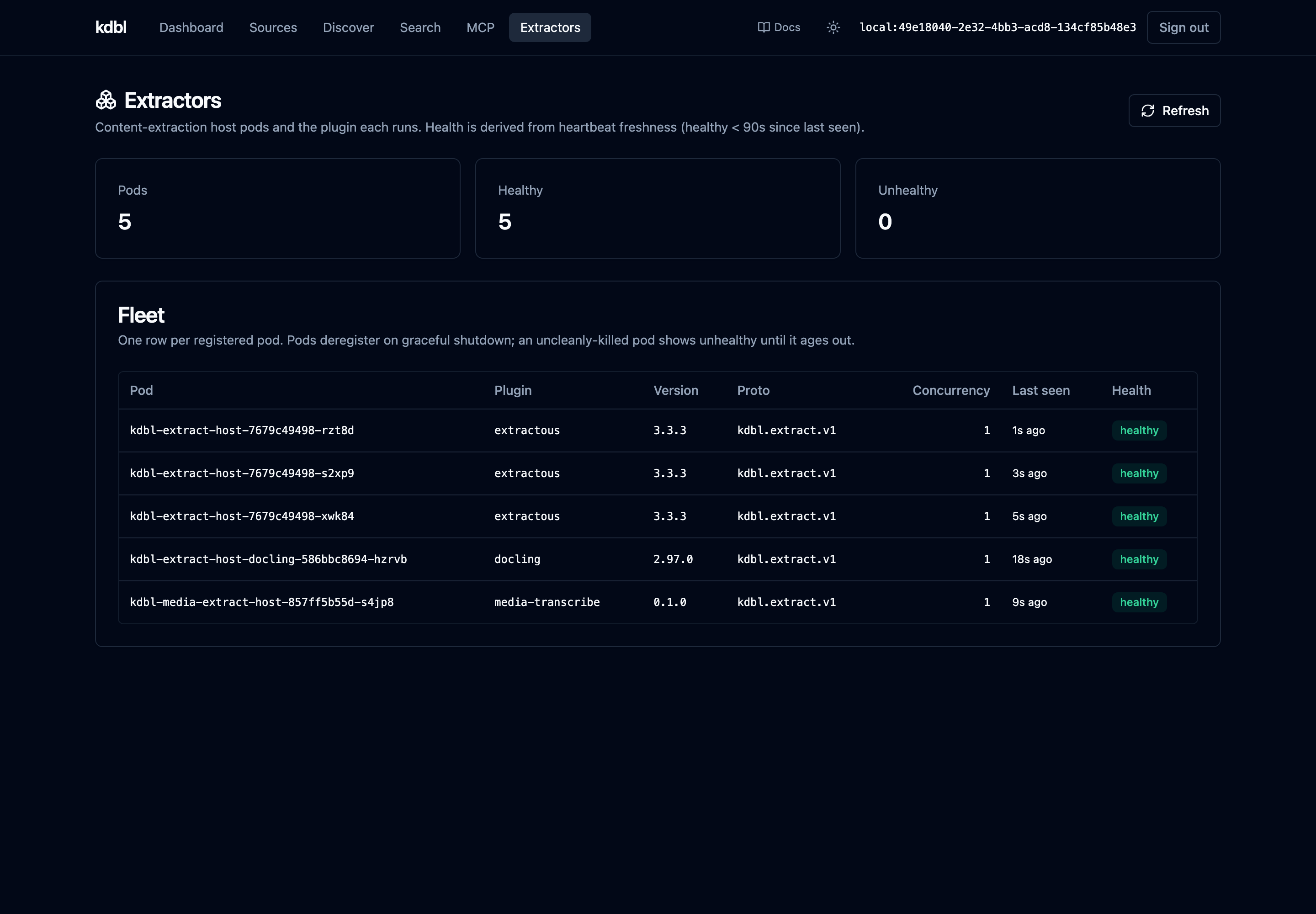 The Fleet page — Pods / Healthy / Unhealthy tiles above a fleet table listing each pod, its engine, version, protocol, concurrency, last-seen time, and health.