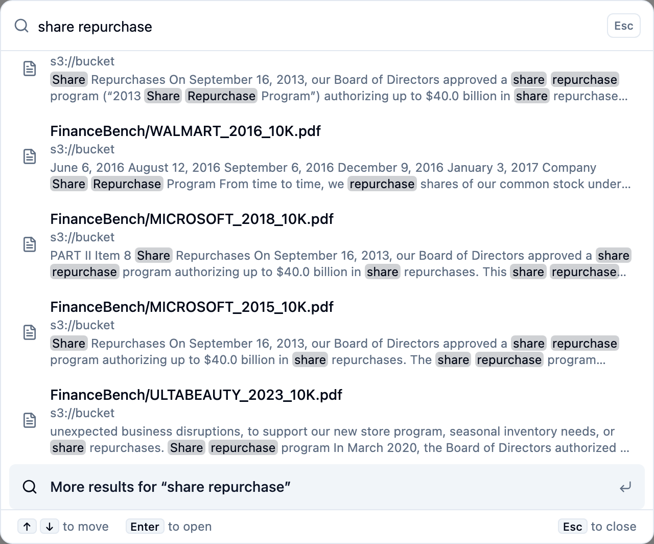 The command palette after typing "share repurchase": the top five matching documents, each with its source and a highlighted snippet, and a More results row that opens the Search page.