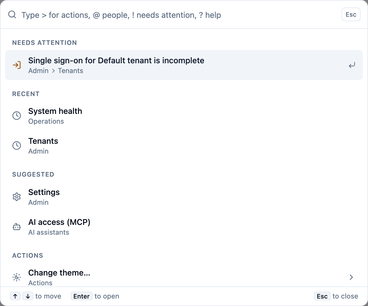 The command palette opened with nothing typed: a Needs attention item at the top, the places picked recently, suggested pages, and actions.