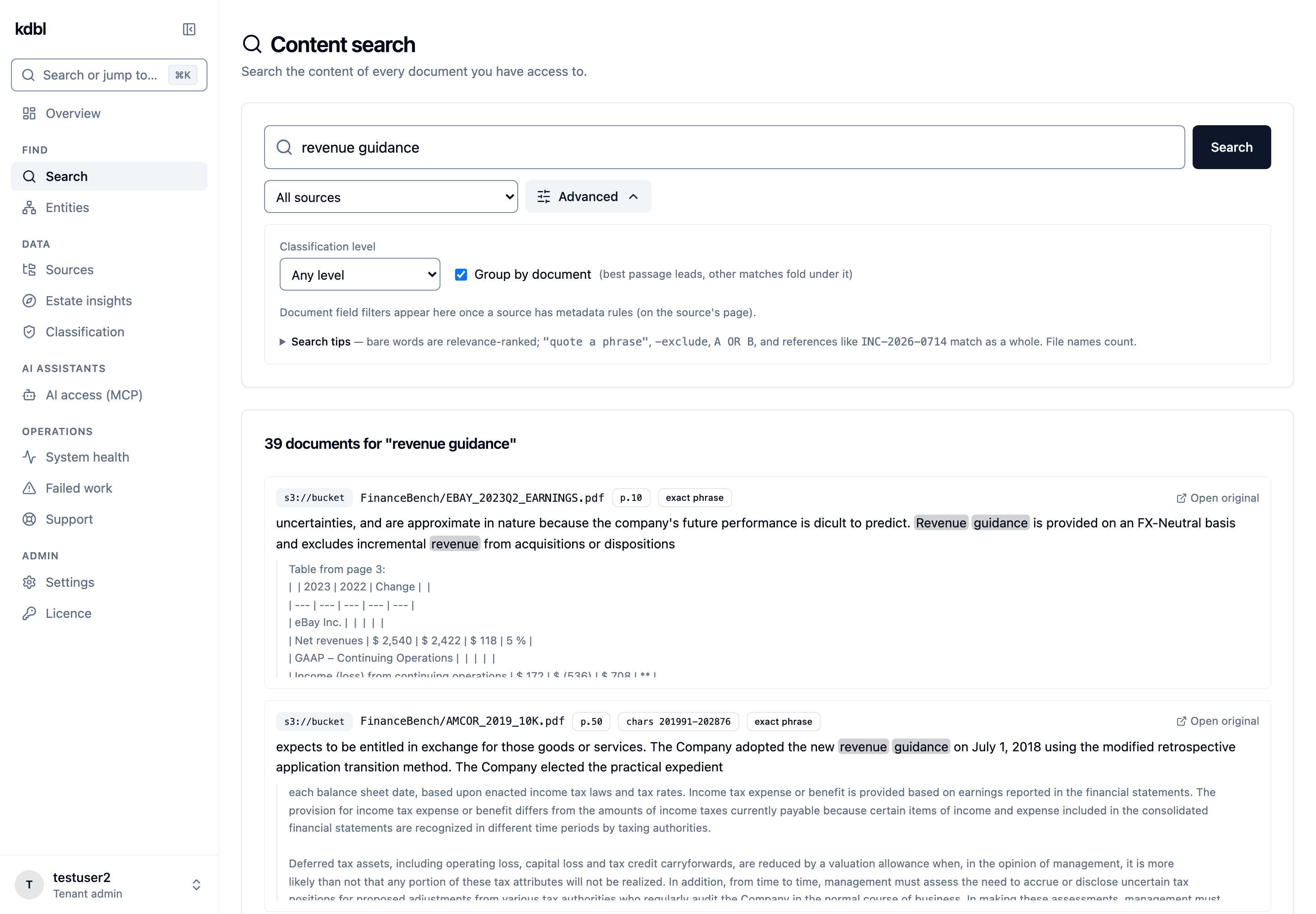 Content search with the Advanced panel open: the search box and source picker, a classification level, Group by document, search tips, and the first results for "revenue guidance", each with its source, file, page locator and an Open original link.