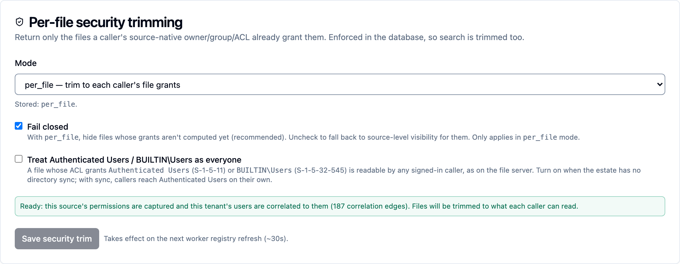 The Per-file security trimming card on a source's Security tab: Mode set to per_file, Fail closed ticked, an unticked "Treat Authenticated Users / BUILTIN\Users as everyone" option with its explanation, a readiness note, and Save security trim.