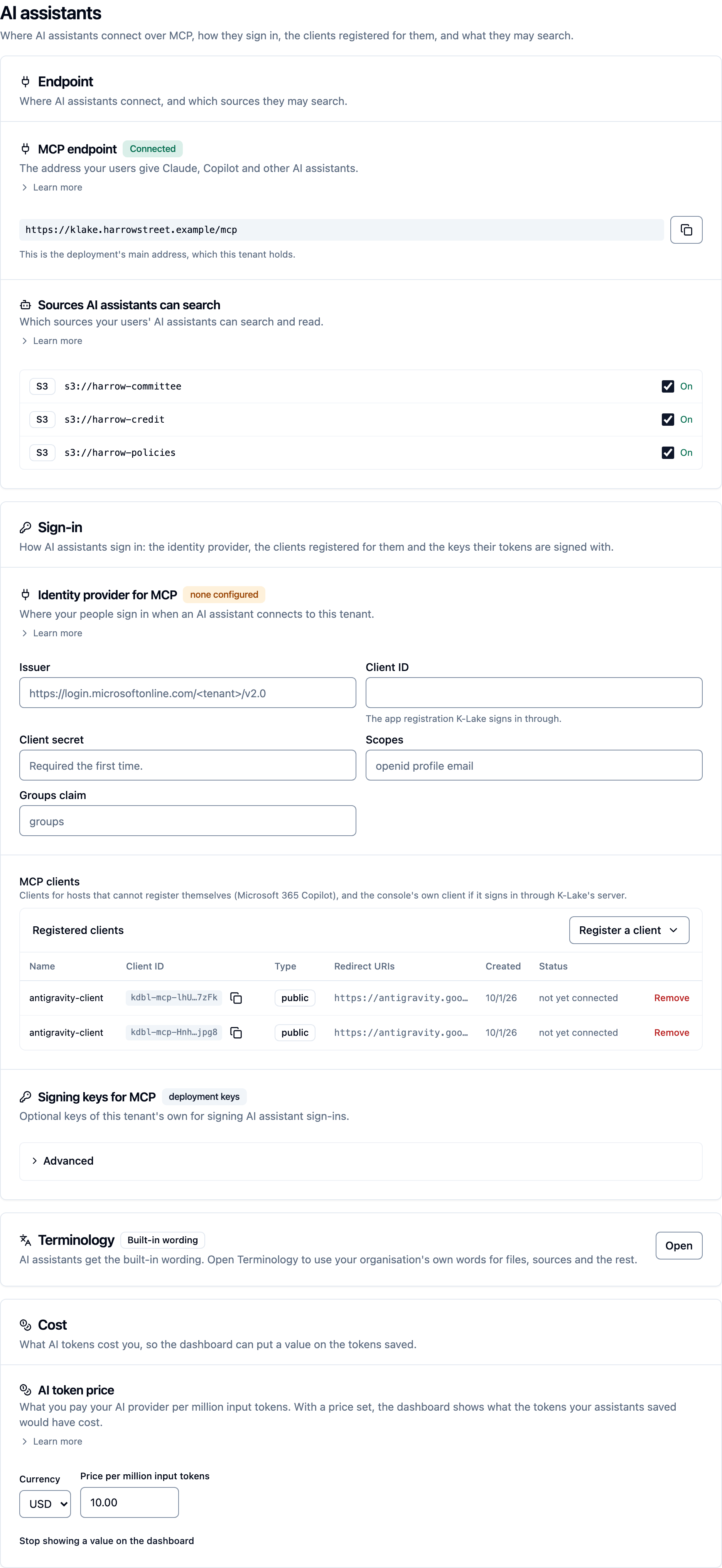 Settings › AI assistants: the Endpoint card with the MCP endpoint address and the sources assistants can search, the Sign-in card with the identity provider, MCP clients and signing keys, the one-line Terminology summary with an Open button, and the Cost card with the AI token price.
