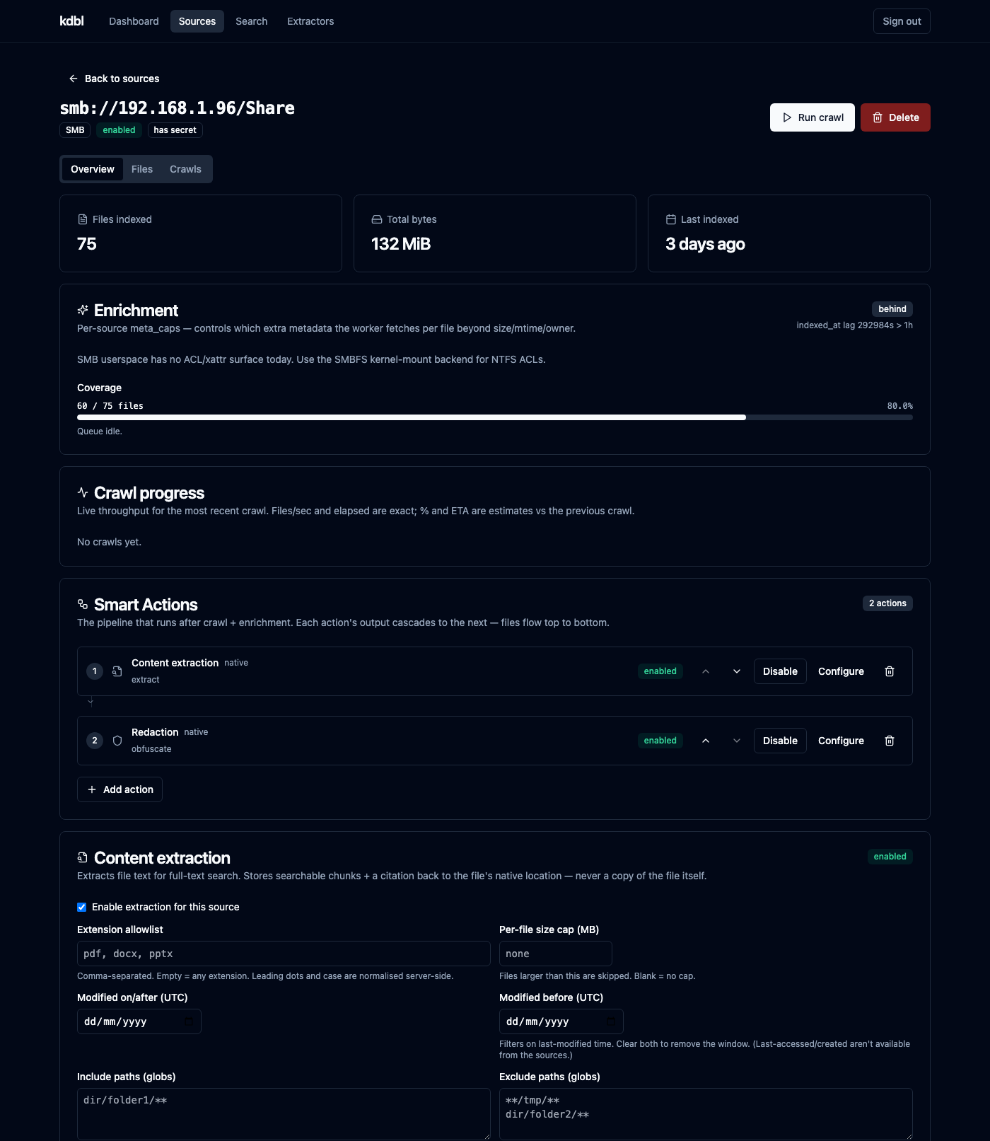 The Smart Actions pipeline on a source — Content extraction followed by Redaction, with controls to add, reorder, enable, and configure each step.
