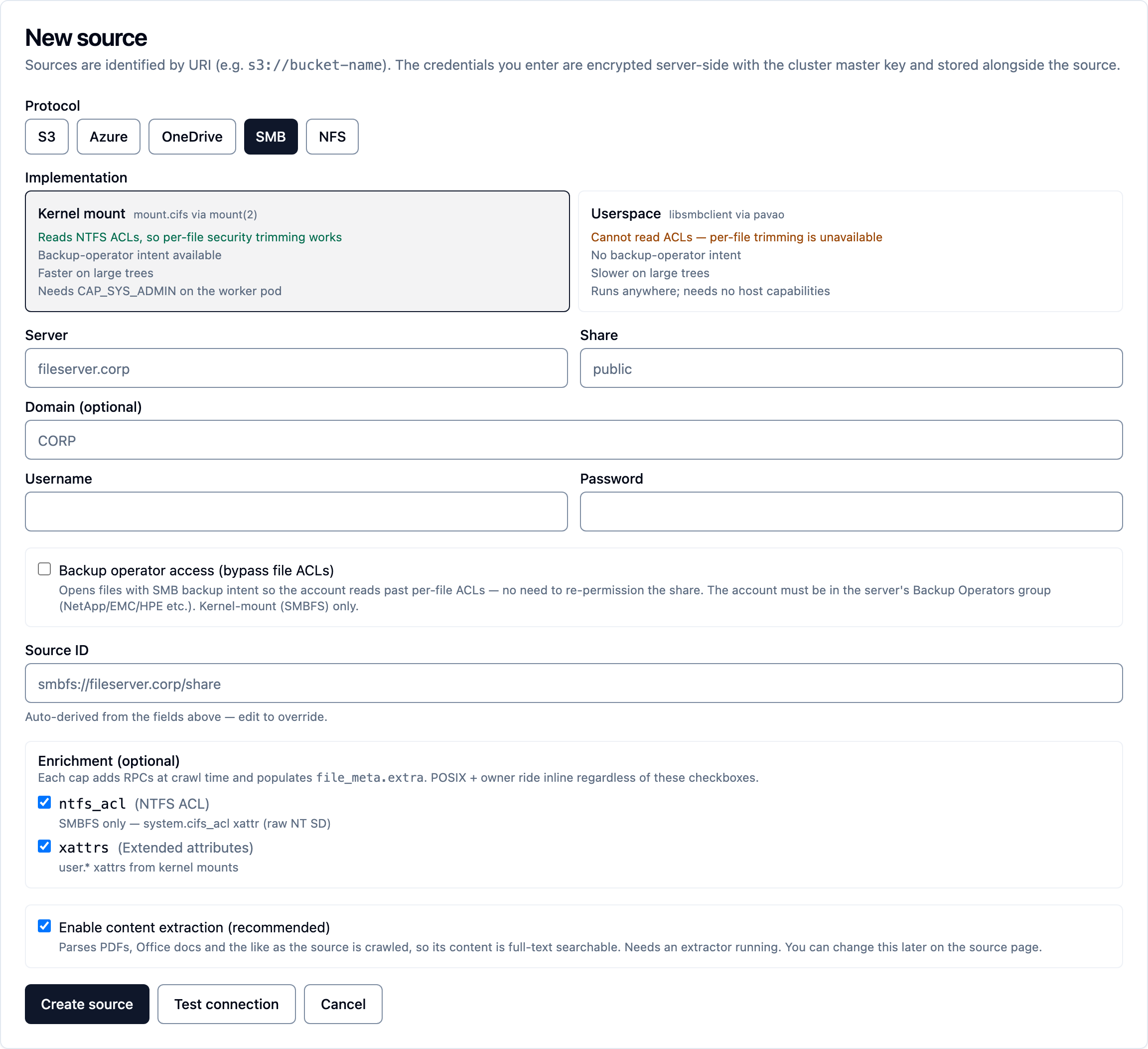 The SMB connection form's backend choice: kernel mount versus userspace, each stating what it supports, with the note that only the kernel mount can capture per-file permissions.