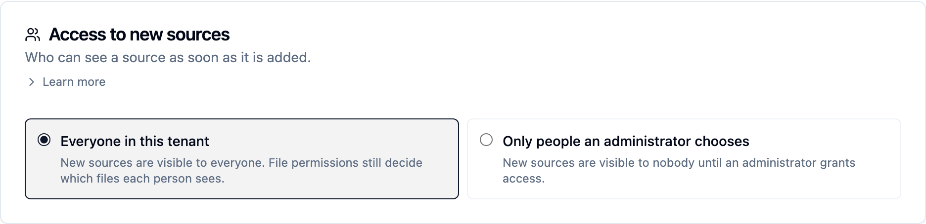 The "Access to new sources" card under Settings › People & access: Who can see new sources, with Everyone in this tenant selected and Only people an administrator chooses.