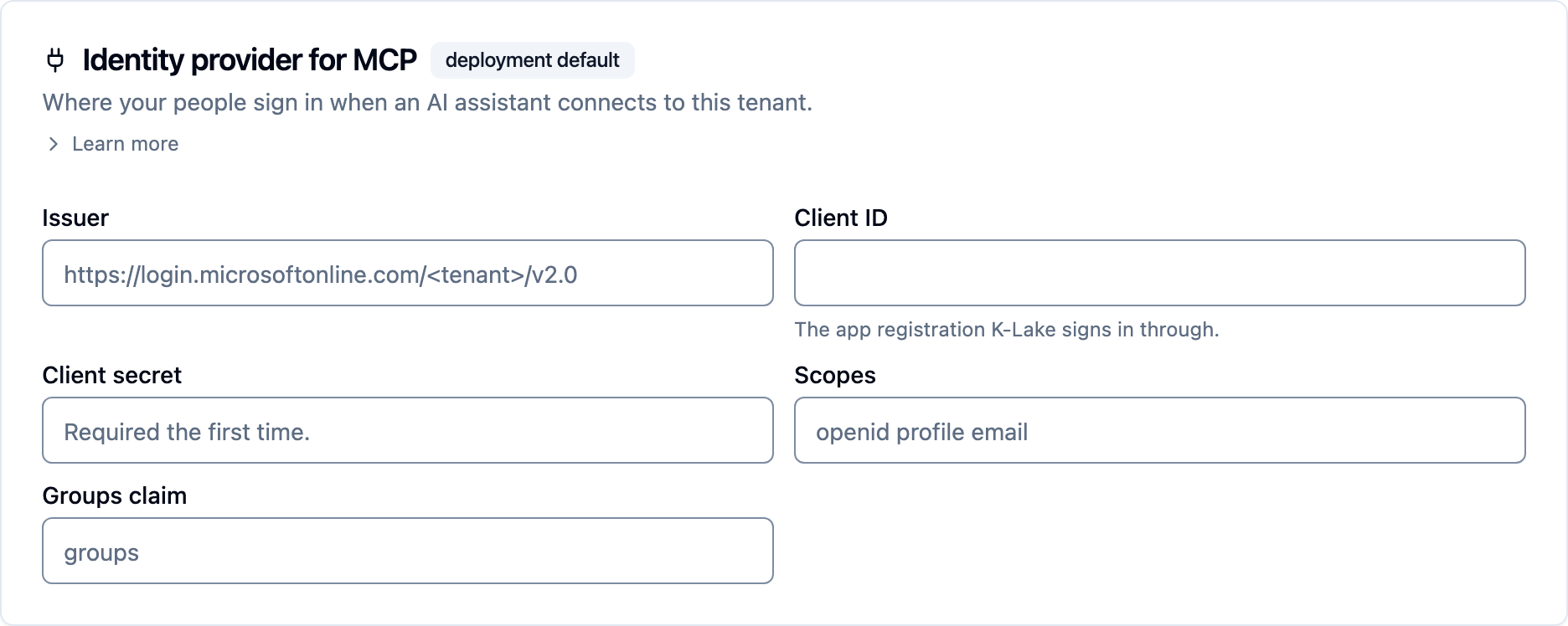 The "Identity provider for MCP" card under Settings › AI assistants, badged "deployment default", with fields for issuer, client ID, client secret, scopes and groups claim.