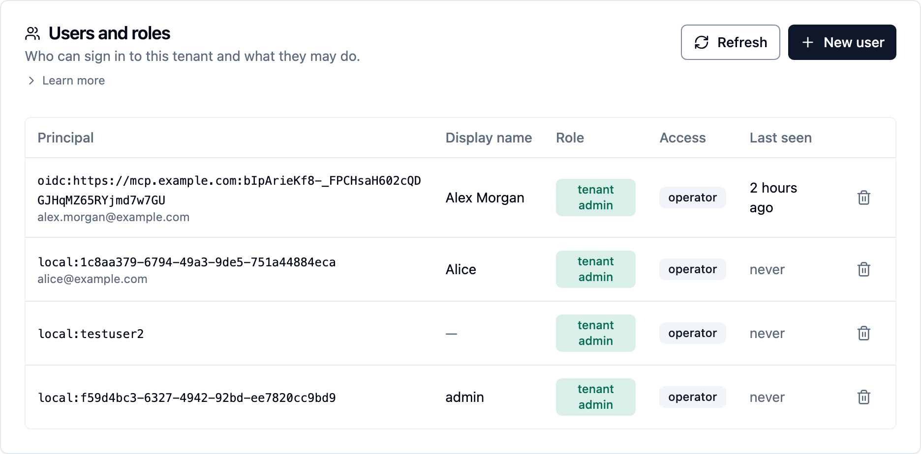 The Users and roles card under Settings › People & access: principal with the email beneath it, display name, a Role column of "tenant admin" badges, an Access column of "operator" badges, last seen, and a delete button per row, with Refresh and New user buttons.