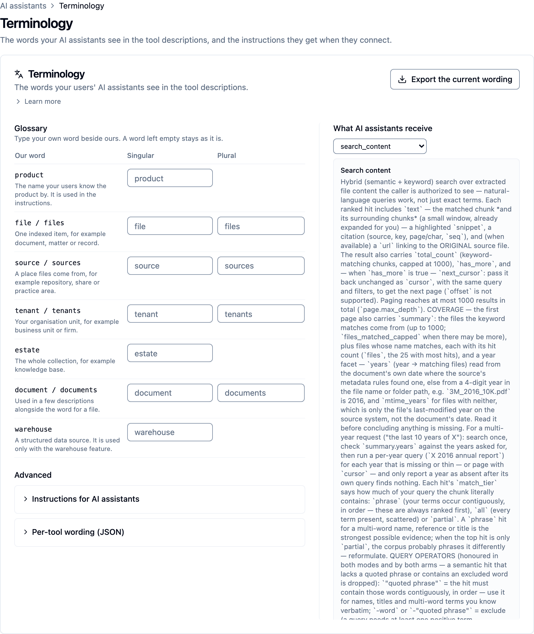 The Terminology page: the glossary table with our word, its singular and plural beside each of product, file, source, tenant, estate, document and warehouse, the Advanced section with Instructions for AI assistants and Per-tool wording (JSON) closed, and the What AI assistants receive panel previewing the search_content description.